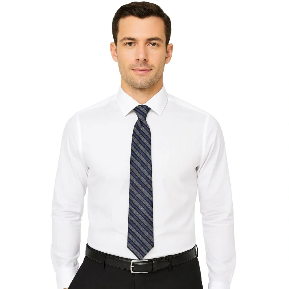 CALVIN KLEIN Necktie Men’s Blue‎ Navy Gray Striped Classic Business 100% Silk